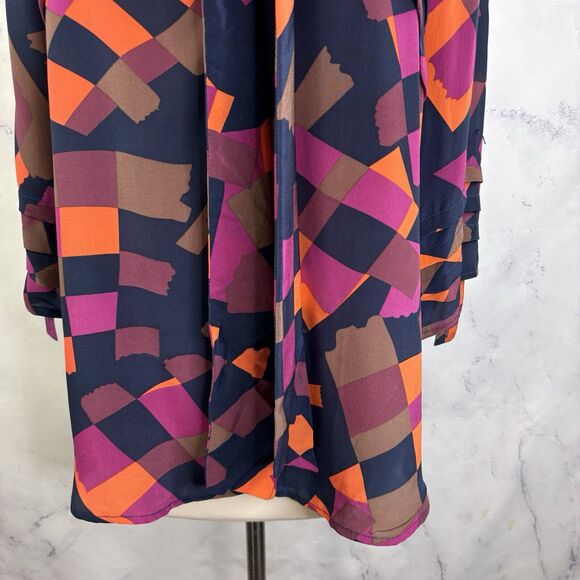 Anthropologie Silk Tunic Blouse Top M Office geometric 70s style Pleated Artsy - Picture 13 of 14